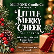 Load image into Gallery viewer, Product Name: Little Merry Cheer – Mini Candle Gift Set
Contents: Three 3.5 oz single‑wick candles in glass vessels.
Colors and Finishes:

Red metallic glass

Gold glass with vertical sweater‑knit pattern

Green metallic glass

Scents:

Winterberry Garland (Red): Bright berry holiday fragrance.

Sunday Bakery (Gold): Warm, cozy bakery scent; not overly sweet.

White Pine (Green): Clean, crisp pine fragrance.

Materials: All candles are poured in glass containers. No exterior labels on individual candles for
