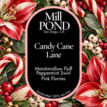 Load image into Gallery viewer, A square product label for Mill Pond Candle Co. scent 'Candy Cane Lane' surrounded by a festive Christmas border of poinsettias, candy canes, pinecones, and berries.
