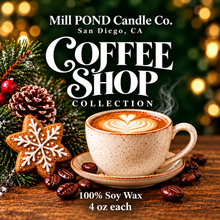 Load image into Gallery viewer, “Three black 4 oz candle tins packaged inside a paper coffee cup, each representing a different café‑inspired scent: Fresh Coffee, Wild Berry Croissant, and Peppermint Mocha. Gift‑ready coffee shop themed candle trio.”
