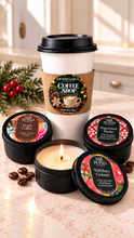 Load image into Gallery viewer, complete coffee candle collection, 3 black tins that all stack into a paper coffee mug. three different scents included
