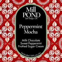 Load image into Gallery viewer, “Red and white patterned candle label reading Peppermint Mocha, surrounded by decorative holiday swirls and leaf motifs.”
