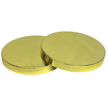 Load image into Gallery viewer, Two round, metallic gold discs overlapping on a plain white background.
